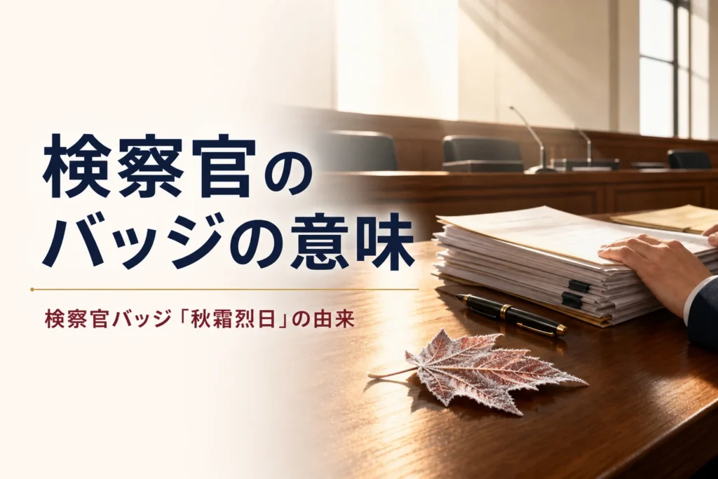 検察官のバッジ「秋霜烈日」の意味と由来を紹介する記事のアイキャッチ。日差しの差し込む法廷の机と書類