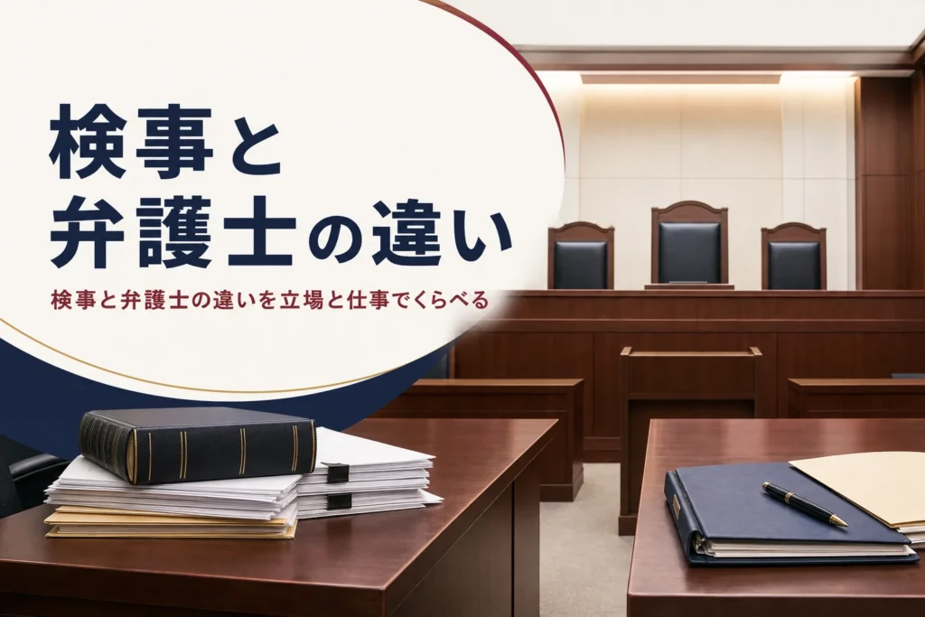 検事と弁護士の違いを、法廷での立場や仕事からくらべる記事のアイキャッチ。誰もいない法廷と向かい合う机