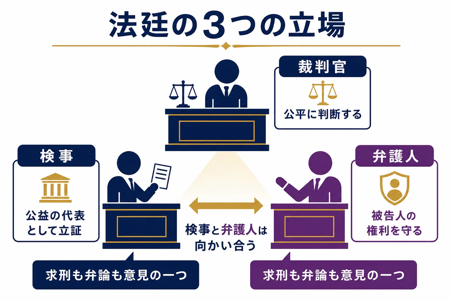 刑事裁判の法廷で、正面の裁判官と、向かい合う検察官・弁護人の立ち位置と、それぞれが誰のために何をするかを示した図解