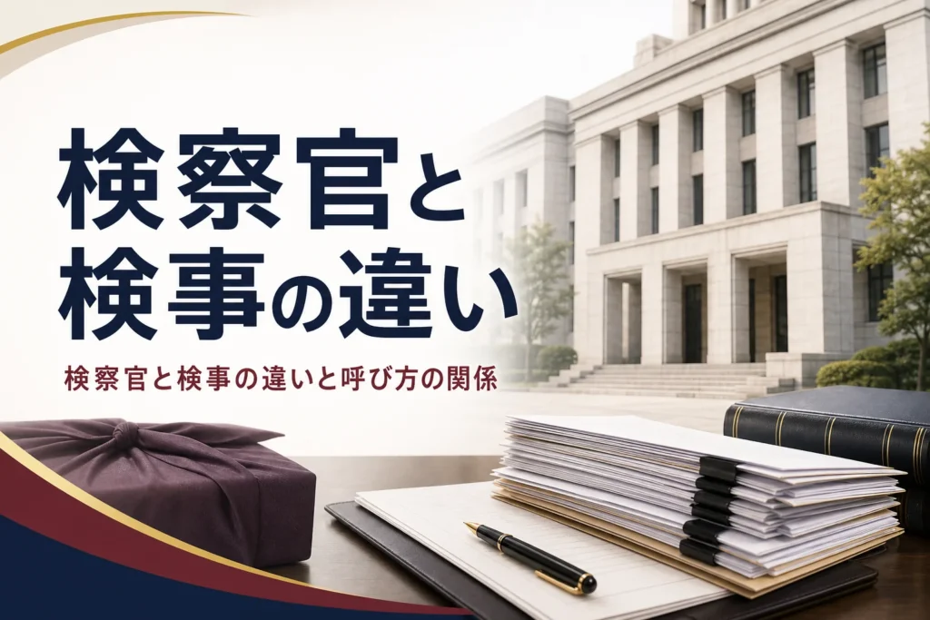 検察官と検事の違いを、呼び方の関係から紹介する記事のアイキャッチ。官庁街の建物と書類