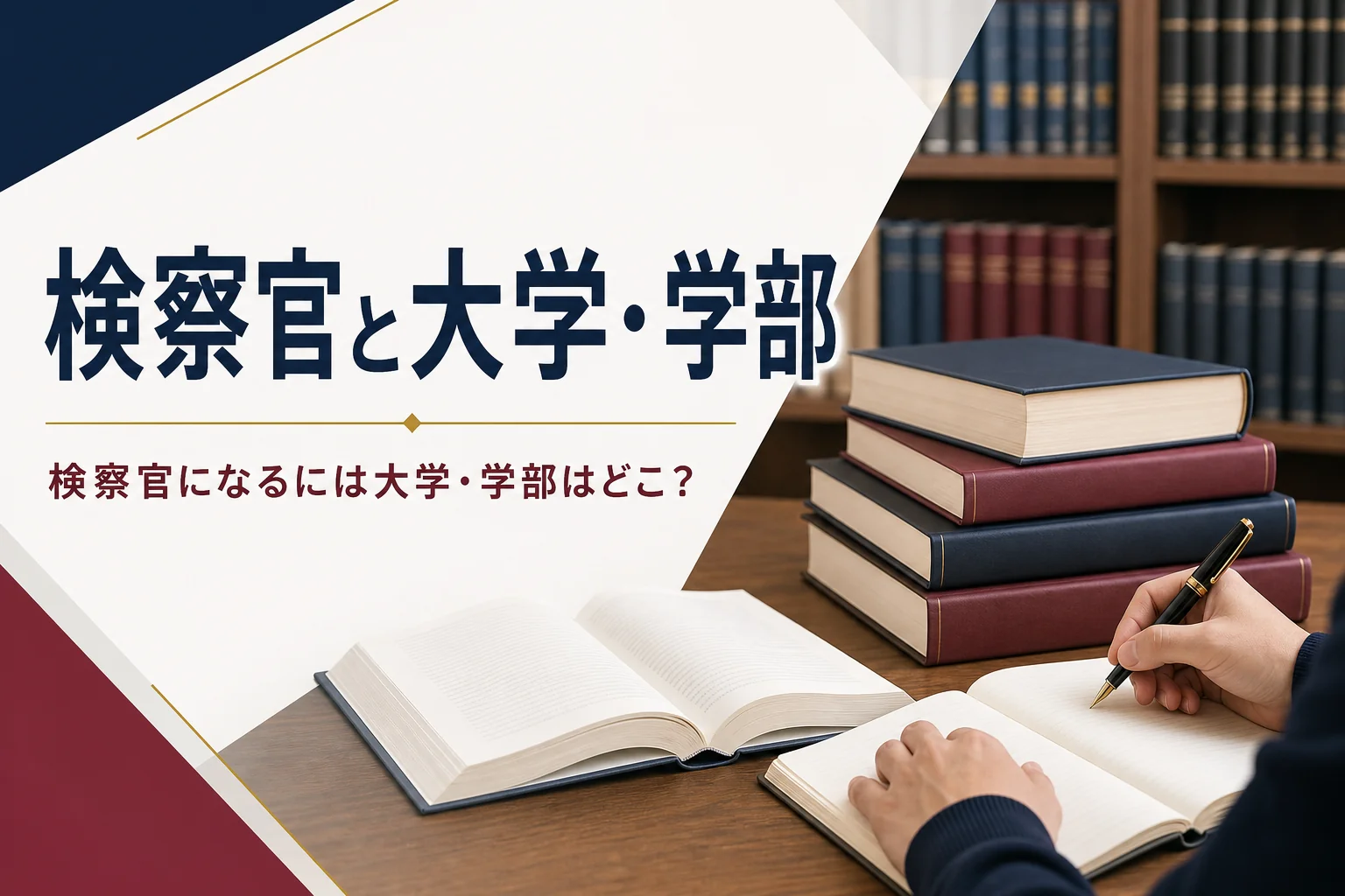 検察官になるための大学・学部の考え方と、法学部以外・高卒からの道を紹介する記事のアイキャッチ。図書館の机の法律書