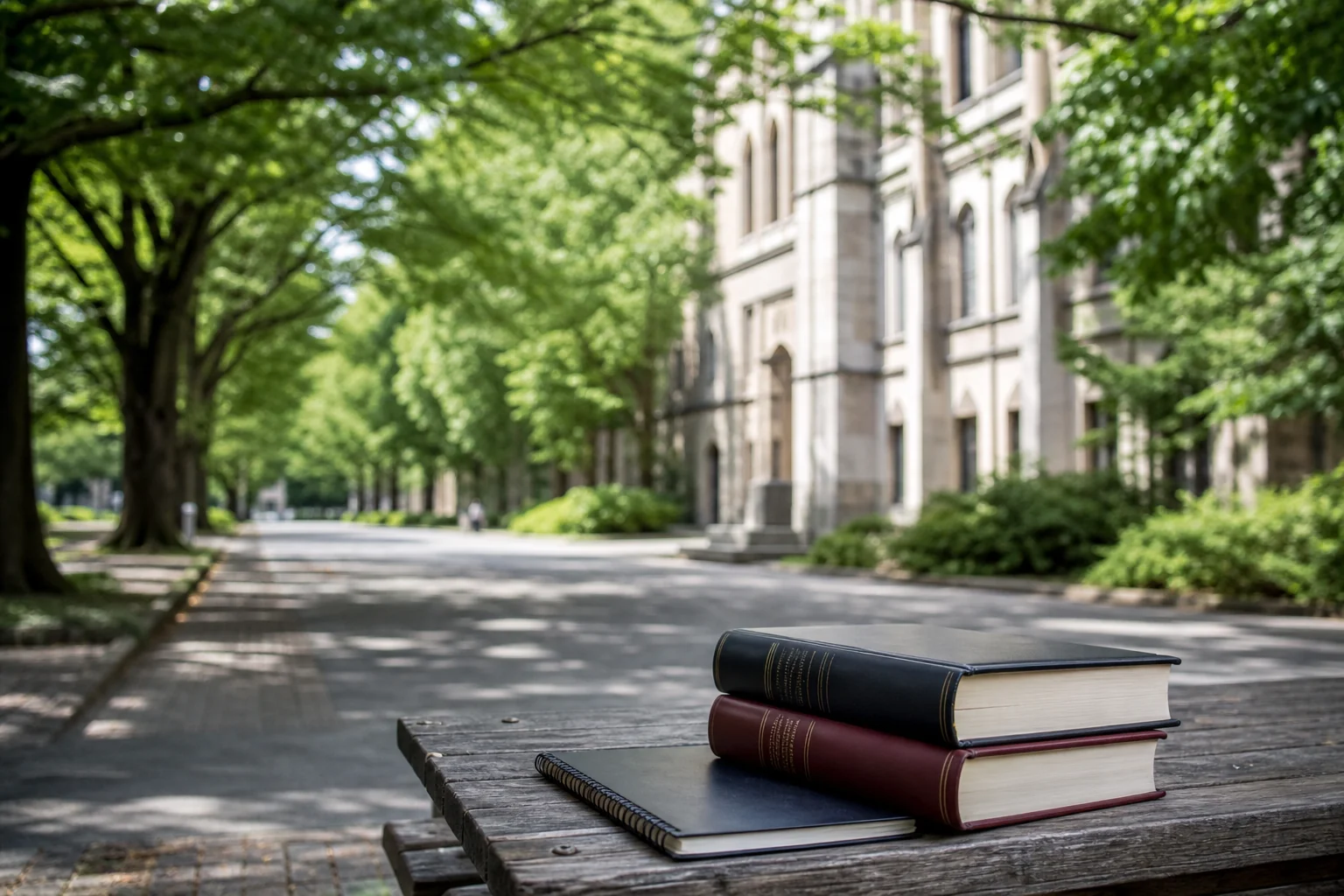 大学選びを考える時のイメージとして、キャンパスのベンチに置かれた法律書とノート