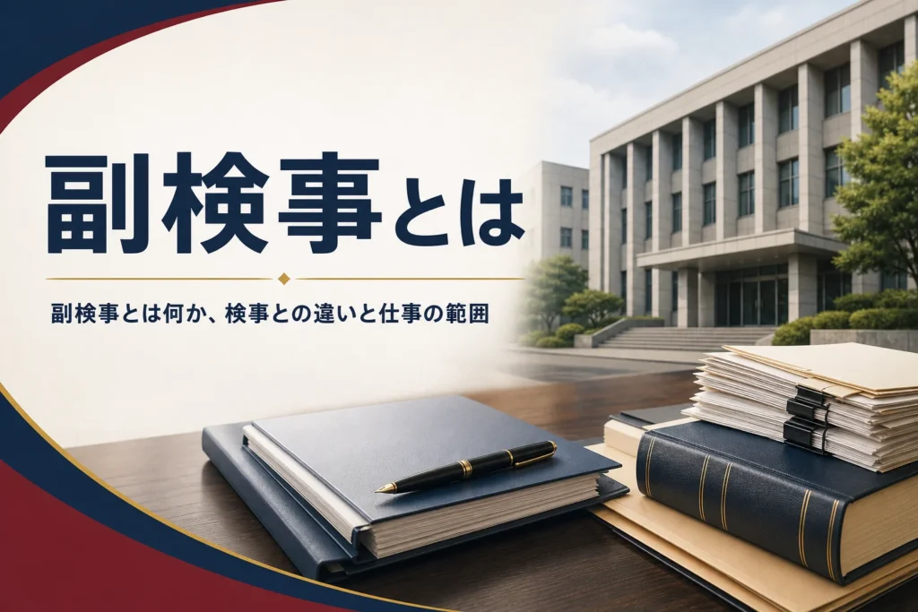 副検事とは何かを、検事との違いや仕事の範囲から紹介する記事のアイキャッチ。官庁の建物と執務机の書類