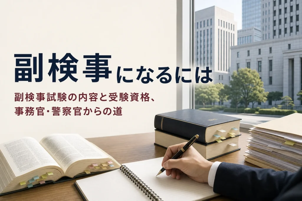 副検事になるための副検事試験の内容と受験資格を紹介する記事のアイキャッチ。勉強机の法律書とノート