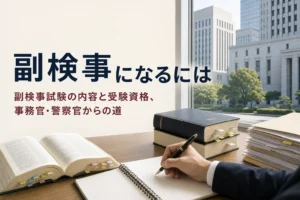 副検事になるための副検事試験の内容と受験資格を紹介する記事のアイキャッチ。勉強机の法律書とノート