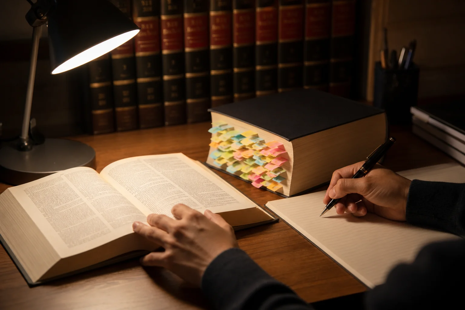 働きながら副検事試験の勉強を進めるイメージとして、夜の勉強机に法律書とノートが広げられた写真