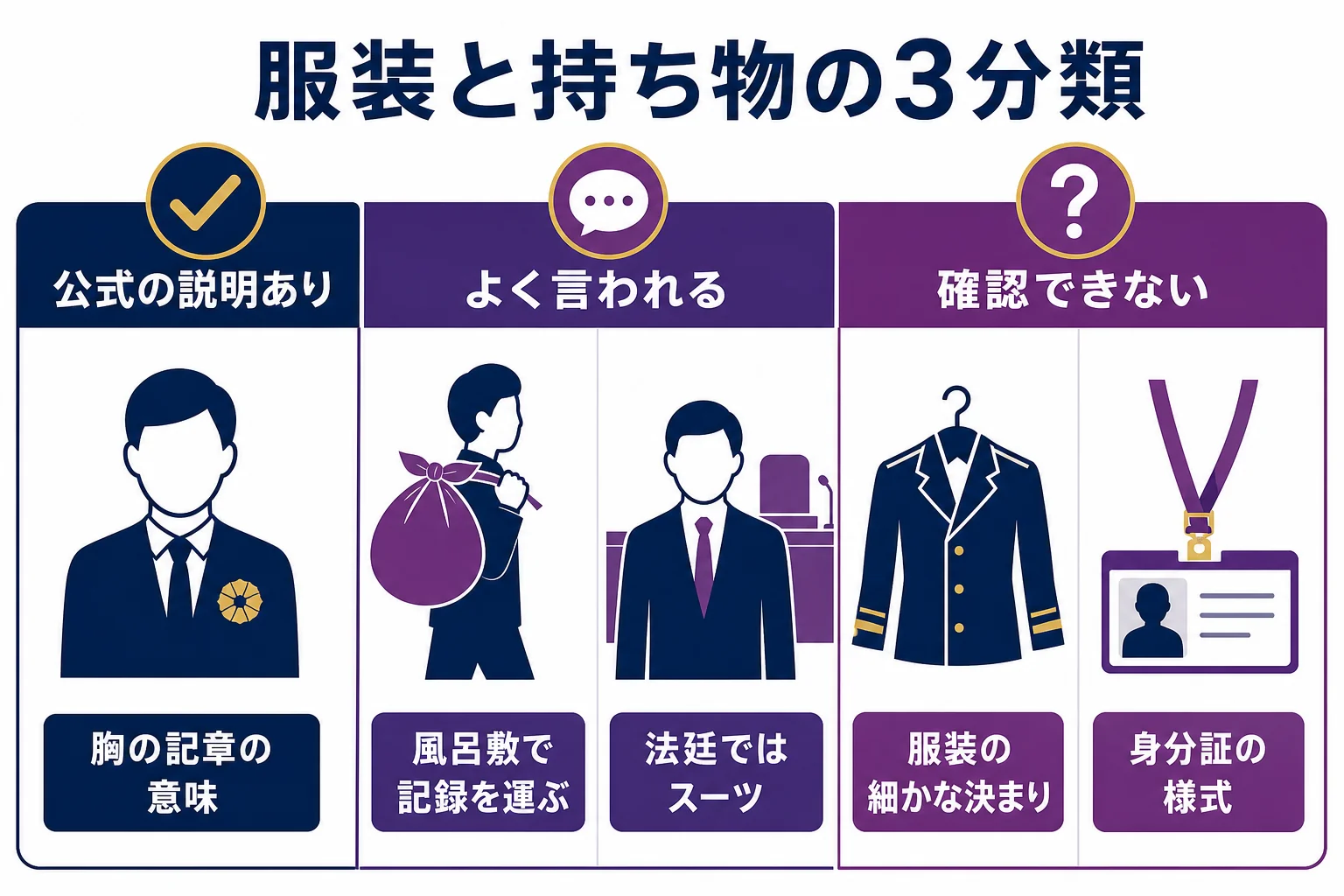 検察官の服装や持ち物の話を、公式に決まりがあるもの・よく言われるもの・確認できないものの3つに分けた図解