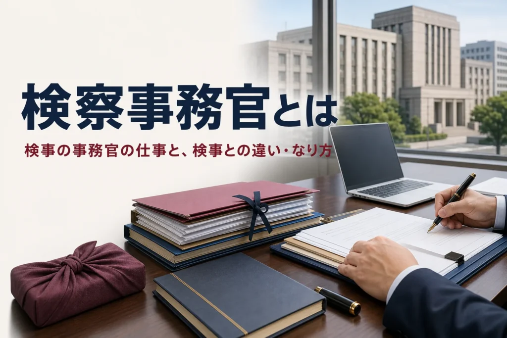 検事の事務官である検察事務官の仕事と、検事との違い・なり方を紹介する記事のアイキャッチ。執務室の机のファイルと書類