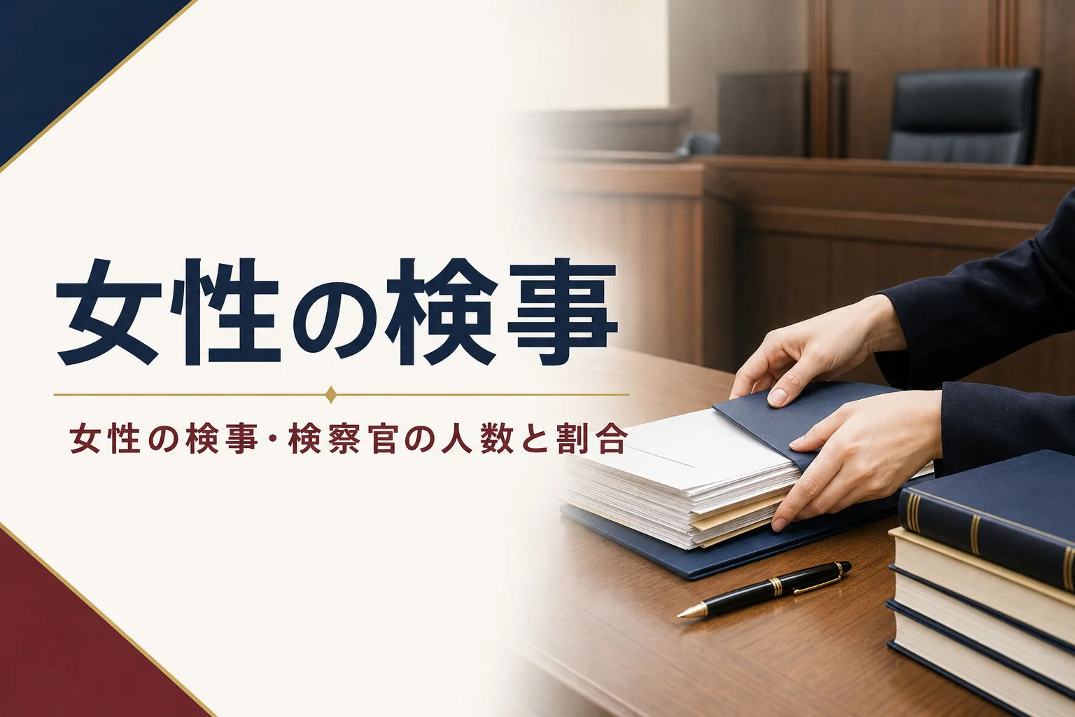 女性の検事・検察官の人数と割合、働き方の制度を紹介する記事のアイキャッチ。法廷の検察官席の机と書類