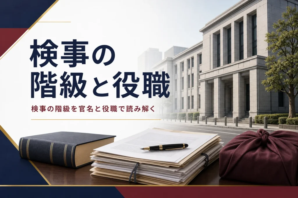 検事の階級を、法律の官名と庁の中の役職に分けて読み解く記事のアイキャッチ。官庁街の建物と法律書