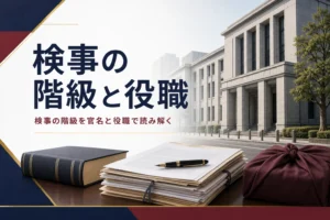 検事の階級を、法律の官名と庁の中の役職に分けて読み解く記事のアイキャッチ。官庁街の建物と法律書