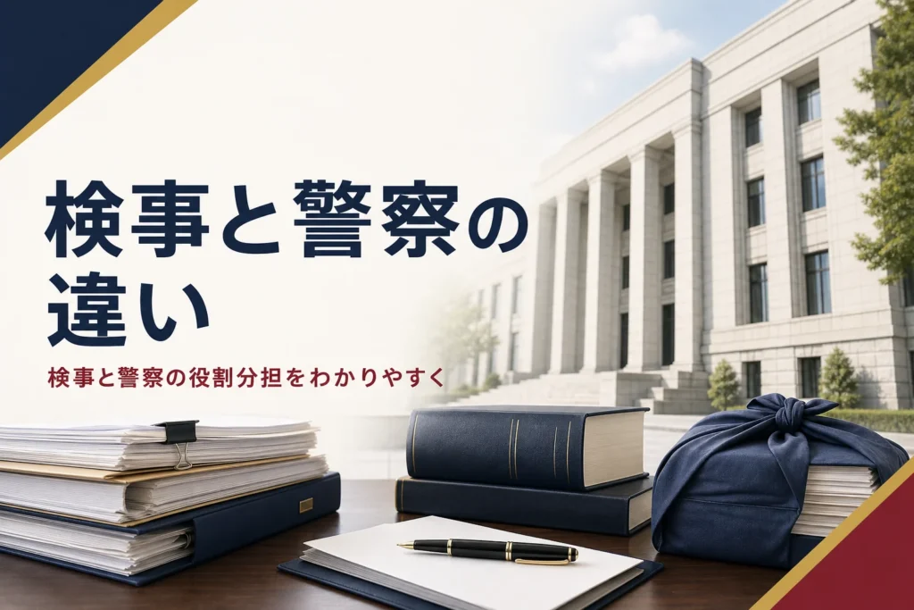 検事と警察（刑事）の違いを、捜査と起訴の役割分担から紹介する記事のアイキャッチ。官庁街の建物と書類