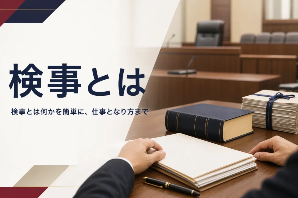 検事とは何か、検察官との関係や仕事、なり方を紹介する記事のアイキャッチ。法廷の検察官席の机と書類