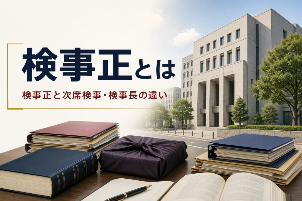 地方検察庁のトップである検事正の役割と、次席検事・検事長との違いを紹介する記事のアイキャッチ。官庁の庁舎と法律書