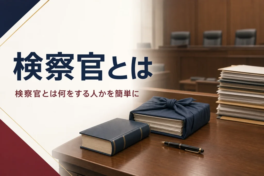 検察官とは何をする人か、公益の代表者の意味を紹介する記事のアイキャッチ。法廷の検察官席の机