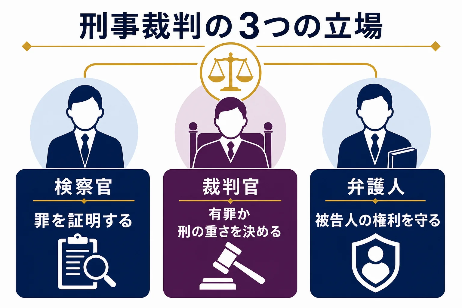 刑事裁判で検察官・弁護人・裁判官がそれぞれどんな役目を持つかを示した図解