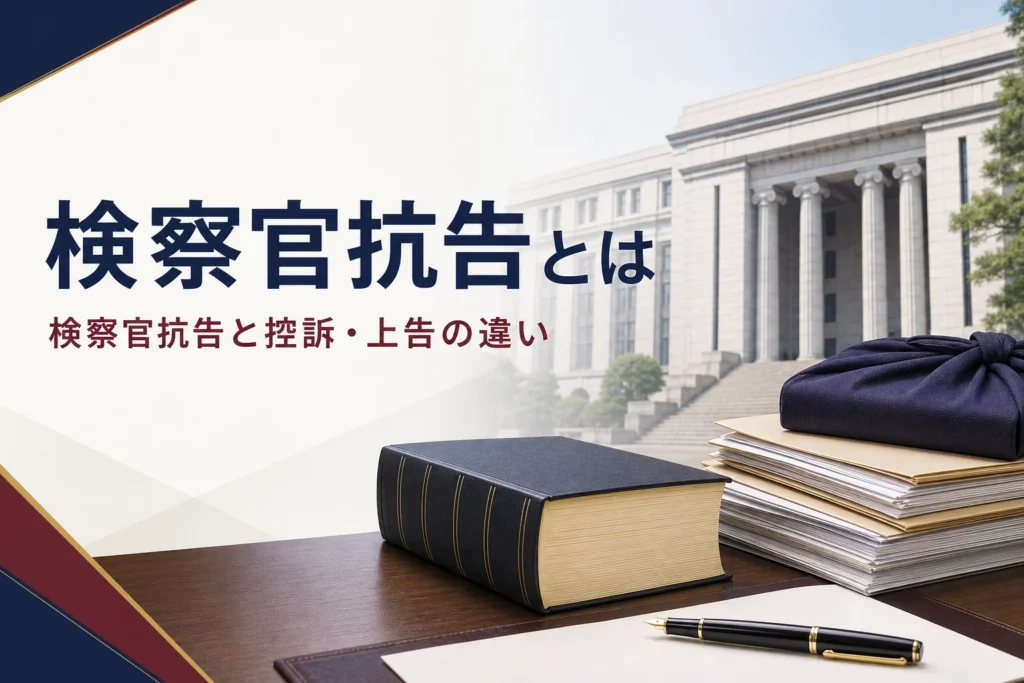検察官抗告とは何か、控訴・上告との違いと検察官が不服を申し立てる場面を紹介する記事のアイキャッチ。裁判所の建物と六法全書