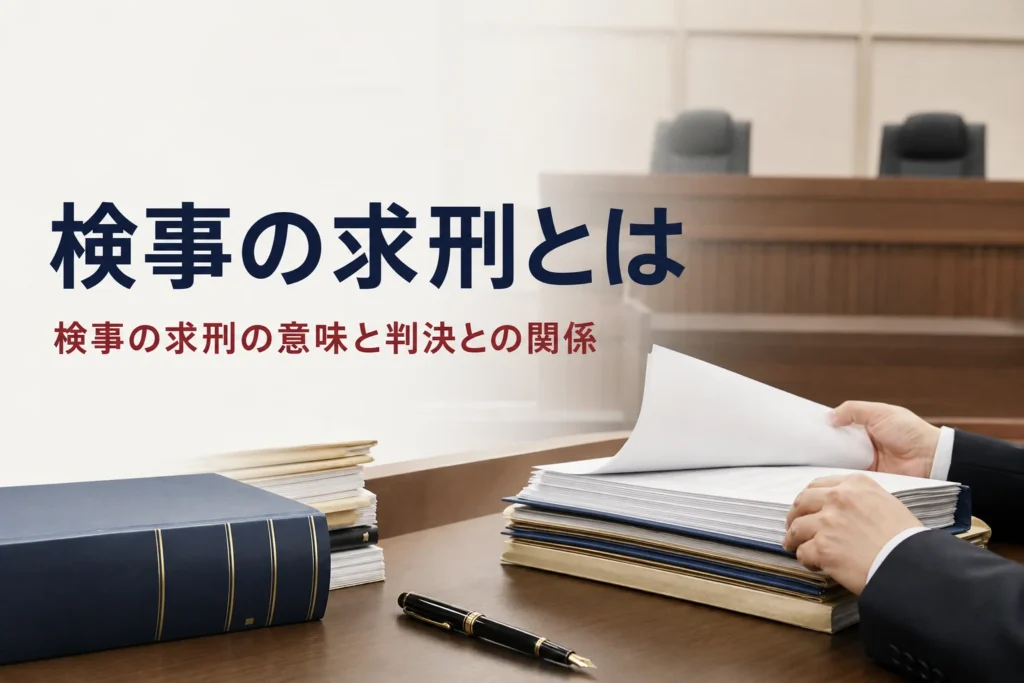 検事の求刑とは何か、論告求刑の意味と判決との関係を紹介する記事のアイキャッチ。法廷の検察官席の机と書類