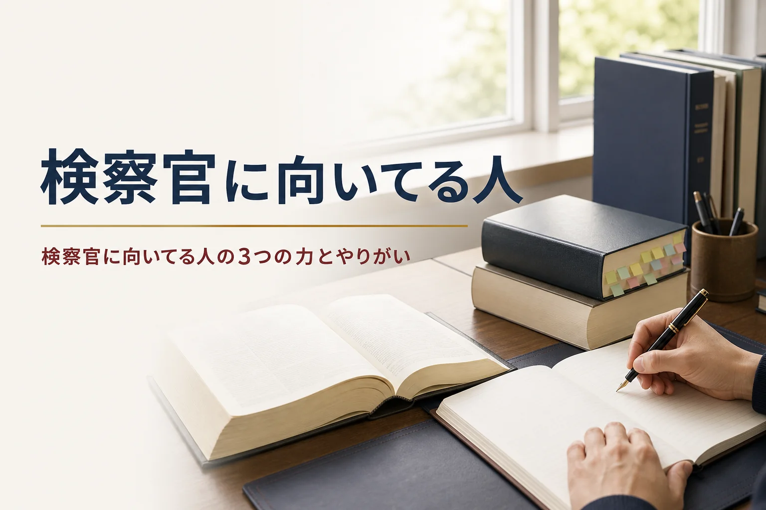 検察官に向いてる人の特徴と、求められる力・やりがいを紹介する記事のアイキャッチ。勉強机の法律書とノート