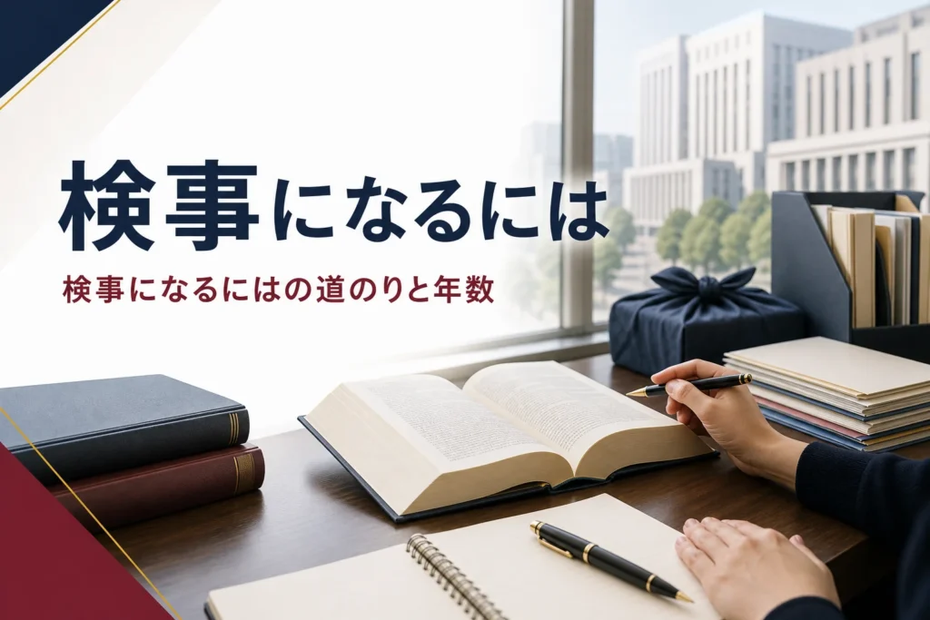 検事になるまでの道のり・年数・必要な資格を紹介する記事のアイキャッチ。勉強机の法律書とノート