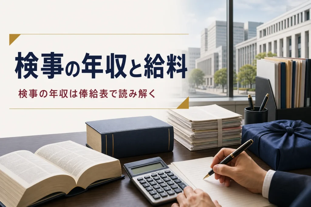検事の年収と給料を、法律の俸給表から読み解く記事のアイキャッチ。執務室の机に置かれた法令集と書類