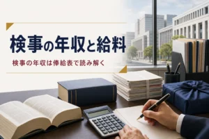 検事の年収と給料を、法律の俸給表から読み解く記事のアイキャッチ。執務室の机に置かれた法令集と書類