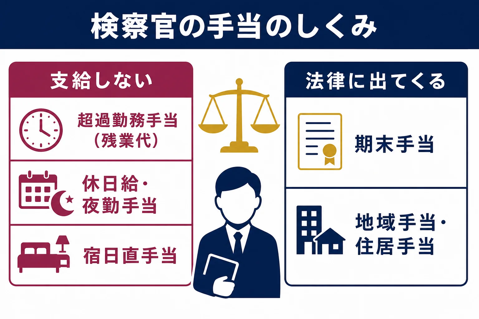 検察官に支給されない手当と、俸給法の中に名前が出てくる手当を2つに分けて示した図解
