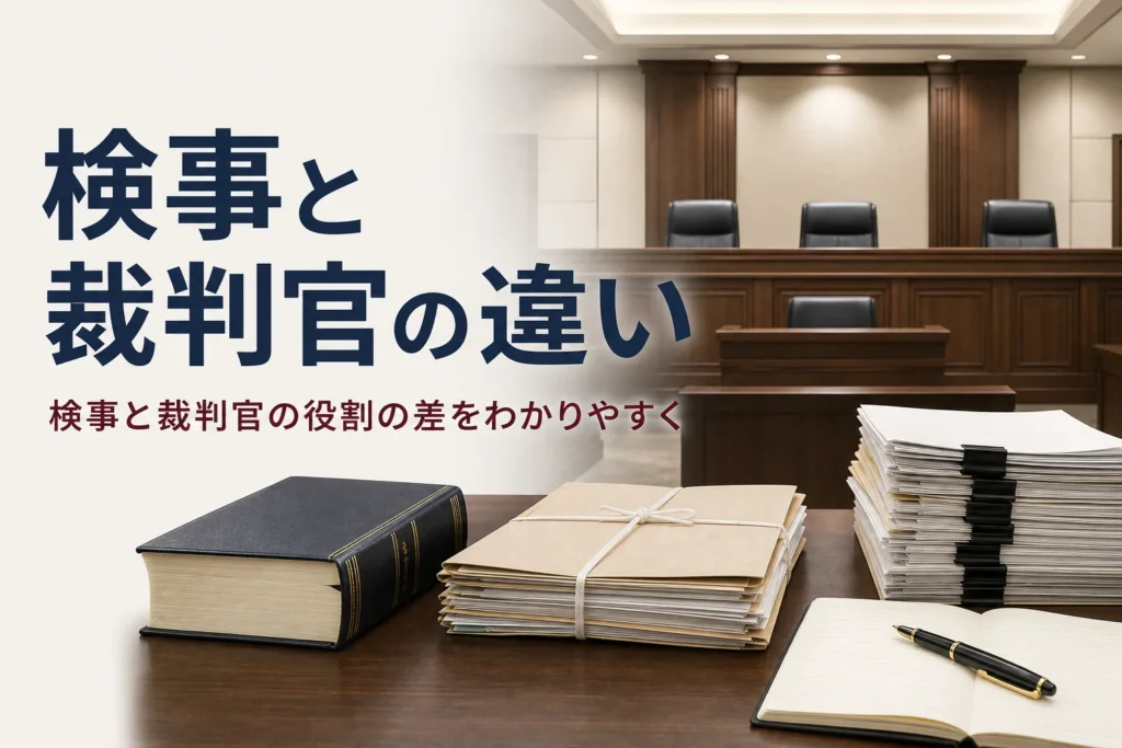 検事と裁判官の違いを、主張する人と判断する人という役割から紹介する記事のアイキャッチ。誰もいない法廷