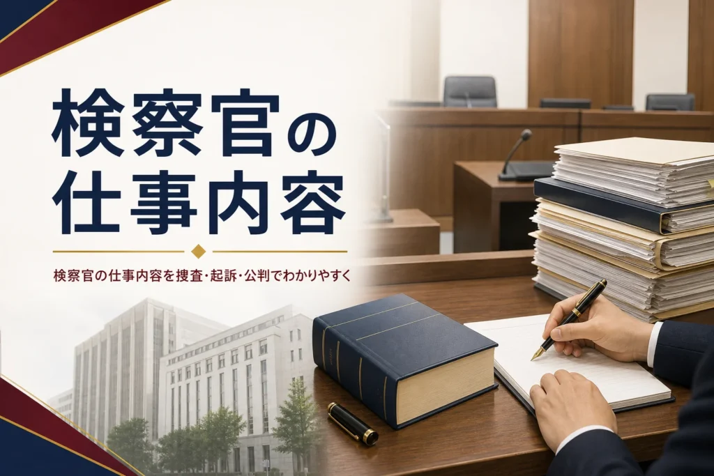 検察官の仕事内容を、捜査・起訴の判断・公判の流れでわかりやすく紹介する記事のアイキャッチ。法廷の机と書類