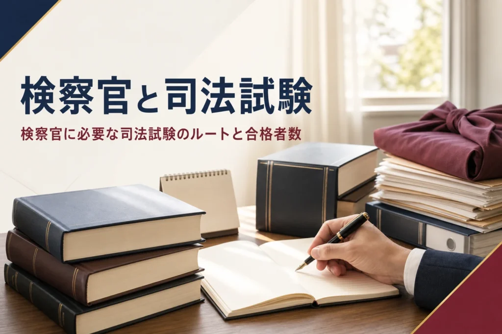 検察官になるための司法試験の受験資格ルートと合格者数を紹介する記事のアイキャッチ。勉強机の法律書とカレンダー