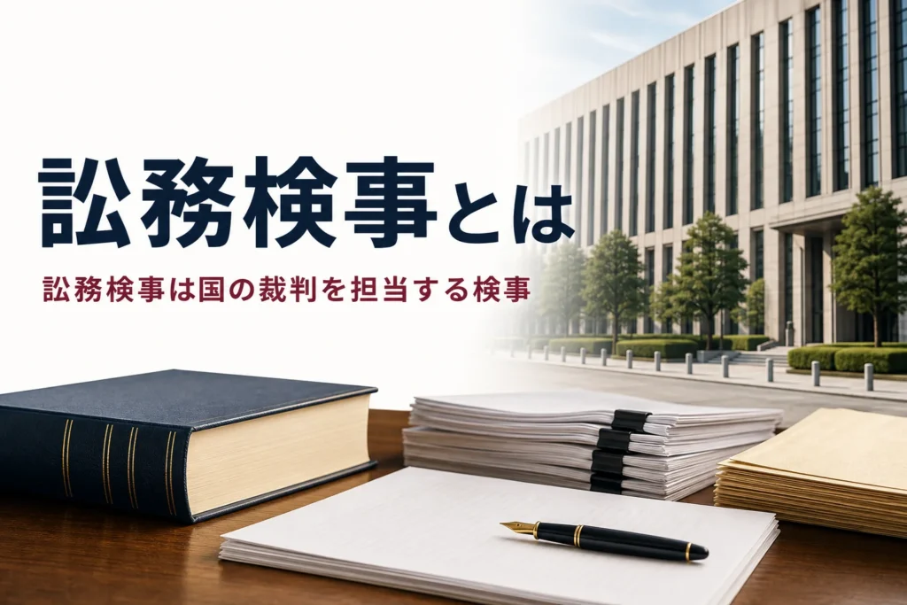 法務省で国の裁判を担当する訟務検事の仕事を紹介する記事のアイキャッチ。官庁の庁舎と書面の束