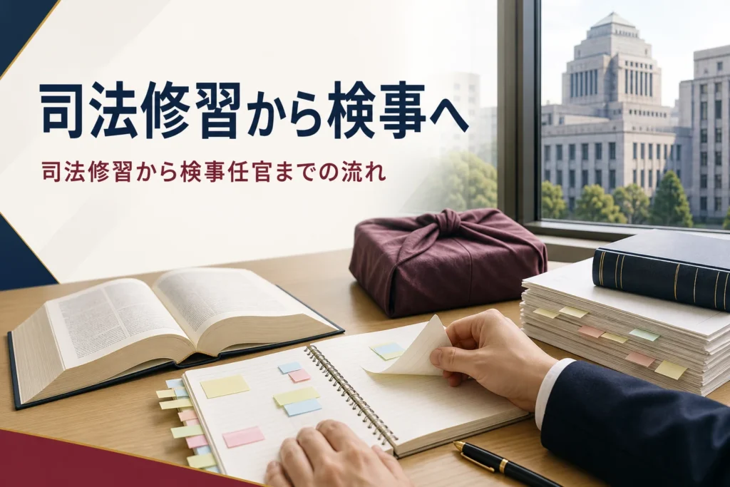司法修習から検事任官までの流れを紹介する記事のアイキャッチ。法律書とノートの置かれた勉強机
