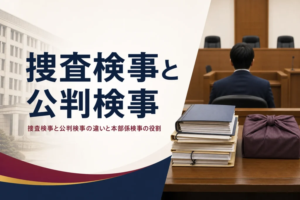 捜査検事と公判検事の違い、本部係検事の役割を紹介する記事のアイキャッチ。法廷の机と書類