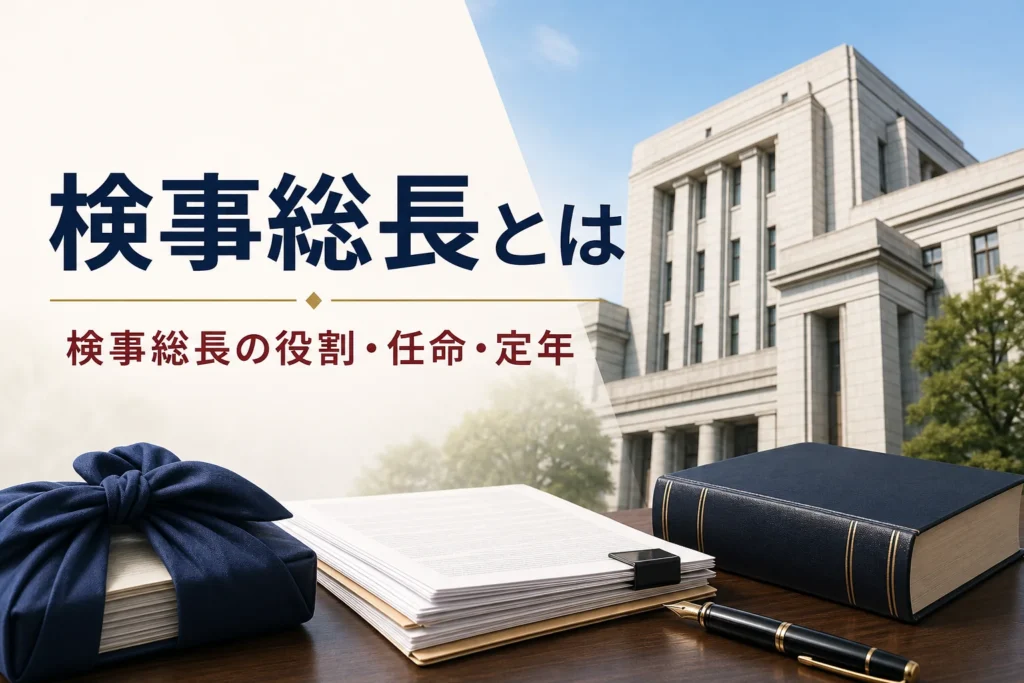 検察のトップである検事総長の役割・任命のしかた・定年を紹介する記事のアイキャッチ。官庁街の建物と六法全書