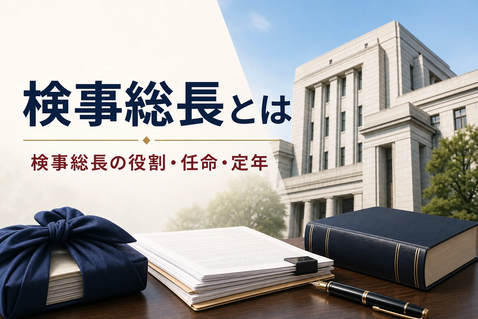 検察のトップである検事総長の役割・任命のしかた・定年を紹介する記事のアイキャッチ。官庁街の建物と六法全書
