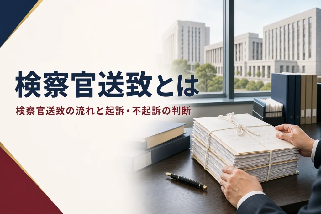 警察から検察官に事件が送られる検察官送致の流れと、起訴・不起訴の判断を紹介する記事のアイキャッチ。執務室の机に置かれた事件記録