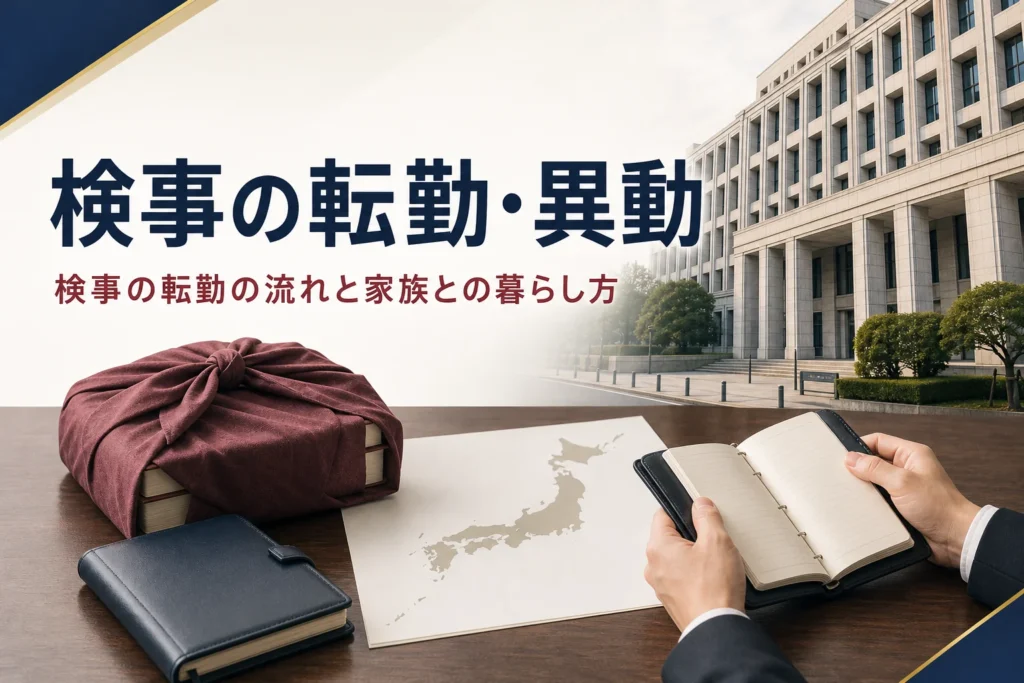 検事の転勤・異動の流れと家族との暮らし方を紹介する記事のアイキャッチ。官庁街を背景にした机の上の地図と書類