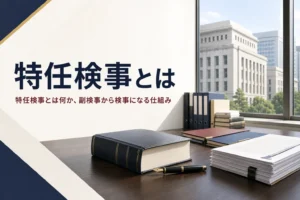 特任検事とは何かを、副検事から検事になる検察官特別考試の仕組みから紹介する記事のアイキャッチ。執務室の机の書類