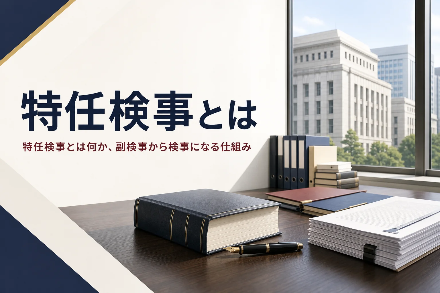 特任検事とは何かを、副検事から検事になる検察官特別考試の仕組みから紹介する記事のアイキャッチ。執務室の机の書類