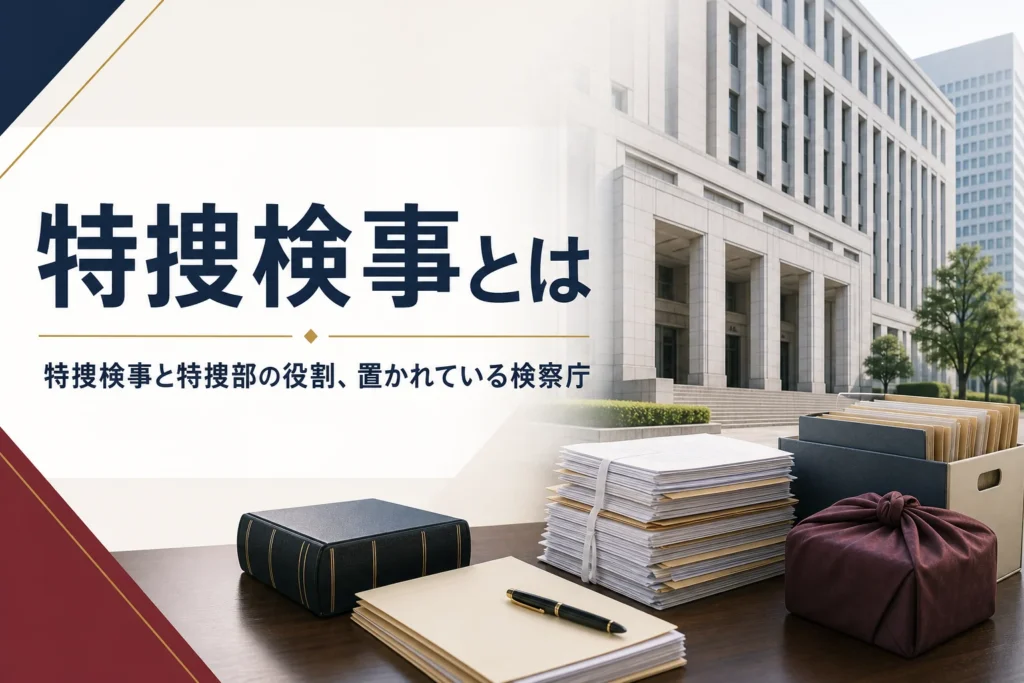 特捜検事とは何か、特別捜査部（特捜部）の役割と置かれている検察庁を紹介する記事のアイキャッチ。庁舎と書類の束
