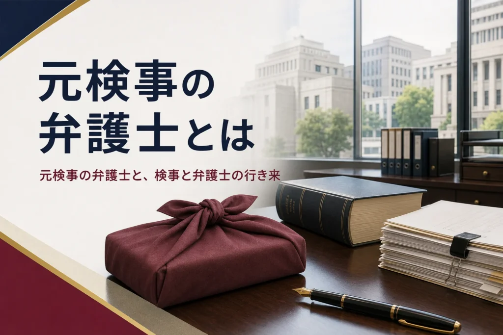 元検事の弁護士（ヤメ検）とは何かと、検事と弁護士の行き来を紹介する記事のアイキャッチ。執務室の机と法律書