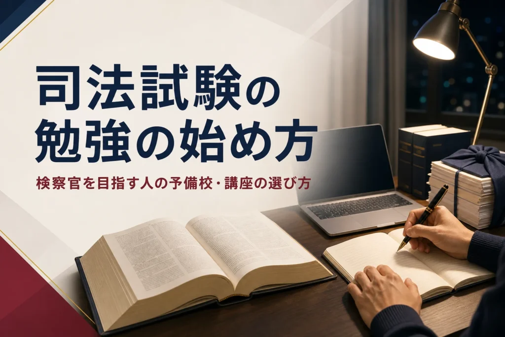 検察官を目指す人の司法試験・予備試験の勉強の始め方と講座の選び方を紹介する記事のアイキャッチ。勉強机の法律書とノートパソコン