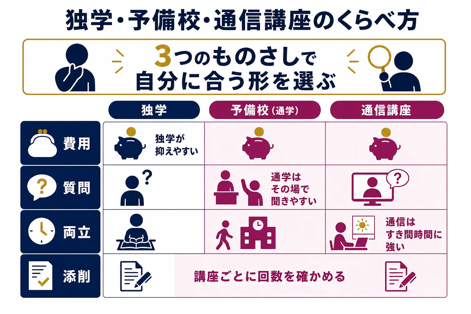 独学・予備校(通学)・通信講座を、費用の考え方・質問できるか・社会人の両立の3つでくらべた図解